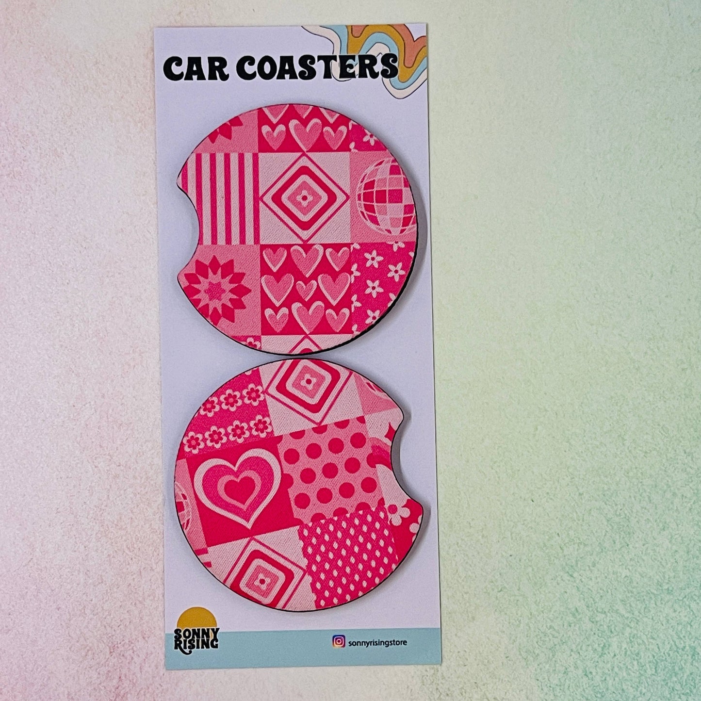 2 Car Coasters, Y2K Pink Patchwork Design