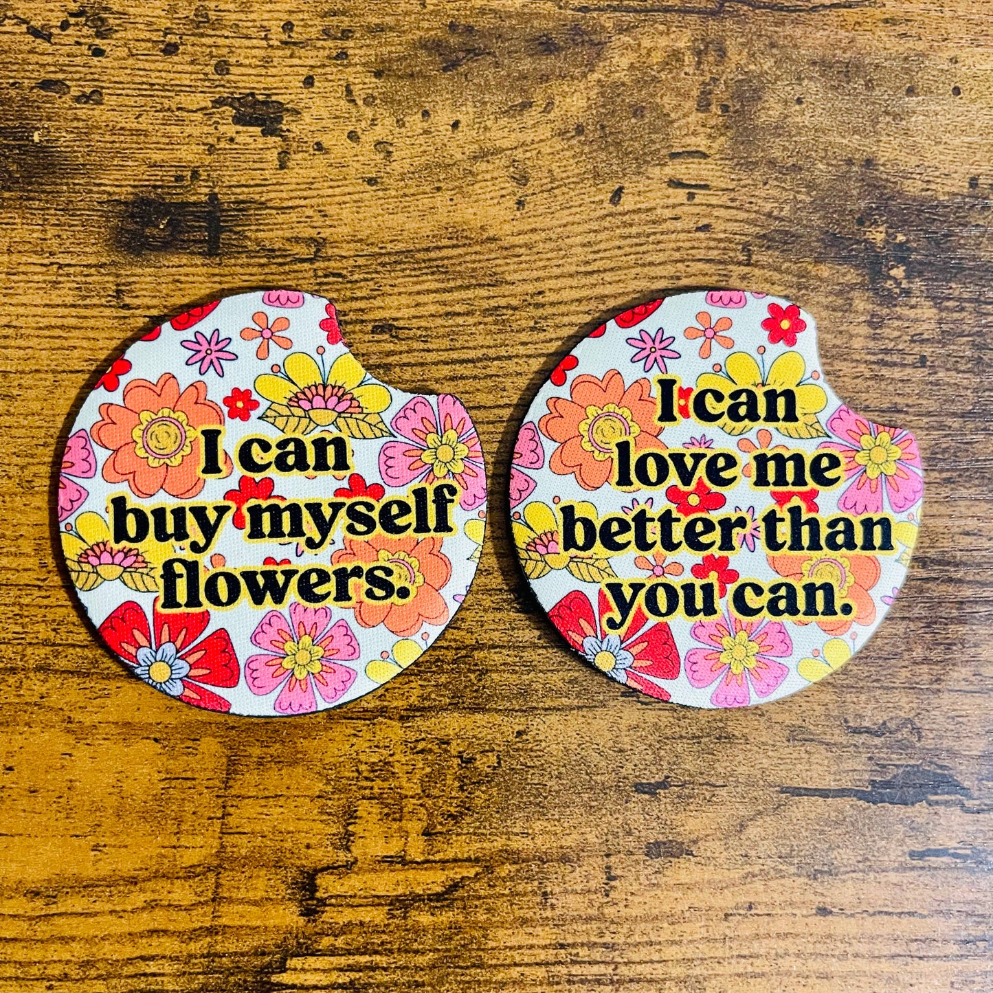 2 Car Coasters, I Can Buy Myself Flowers Design