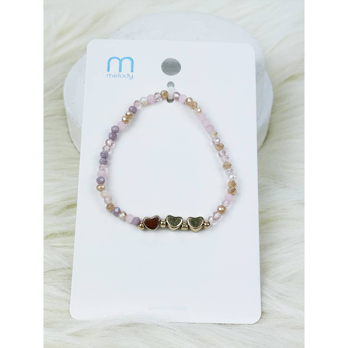 Triple Gold Heart Charm Mix Bead Bracelet