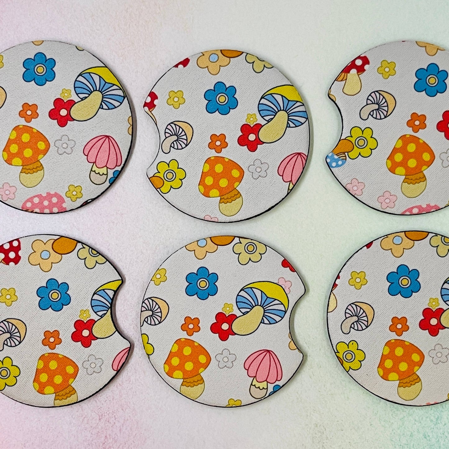 2 Car Coasters, 70's Creamy Shroom Design