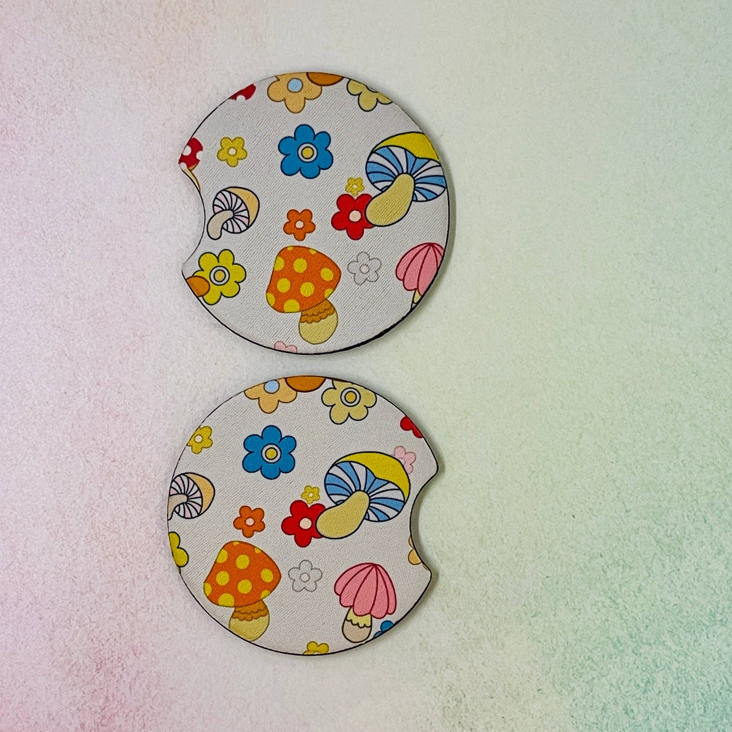 2 Car Coasters, 70's Creamy Shroom Design