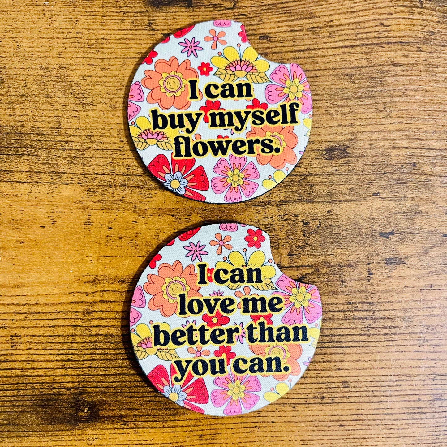 2 Car Coasters, I Can Buy Myself Flowers Design