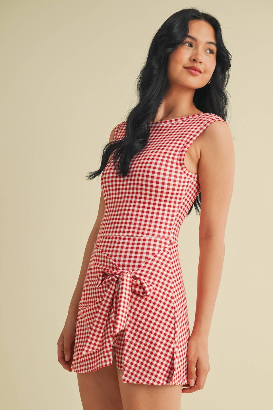 Gingham Print Sleeveless Wrap Tie Front Dress