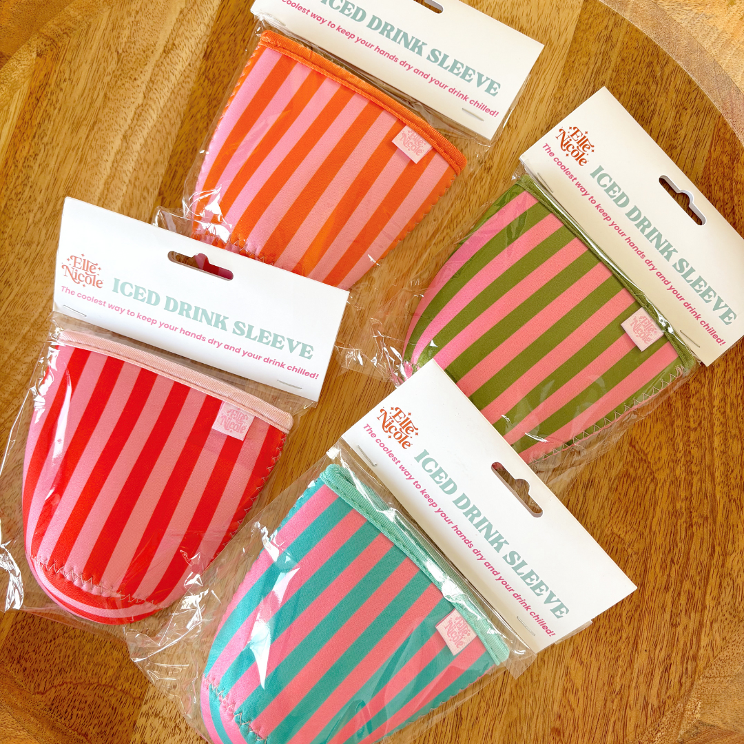 Coffee Cup Cover - Pink & Orange Stripes - Iced Drink Sleeve
