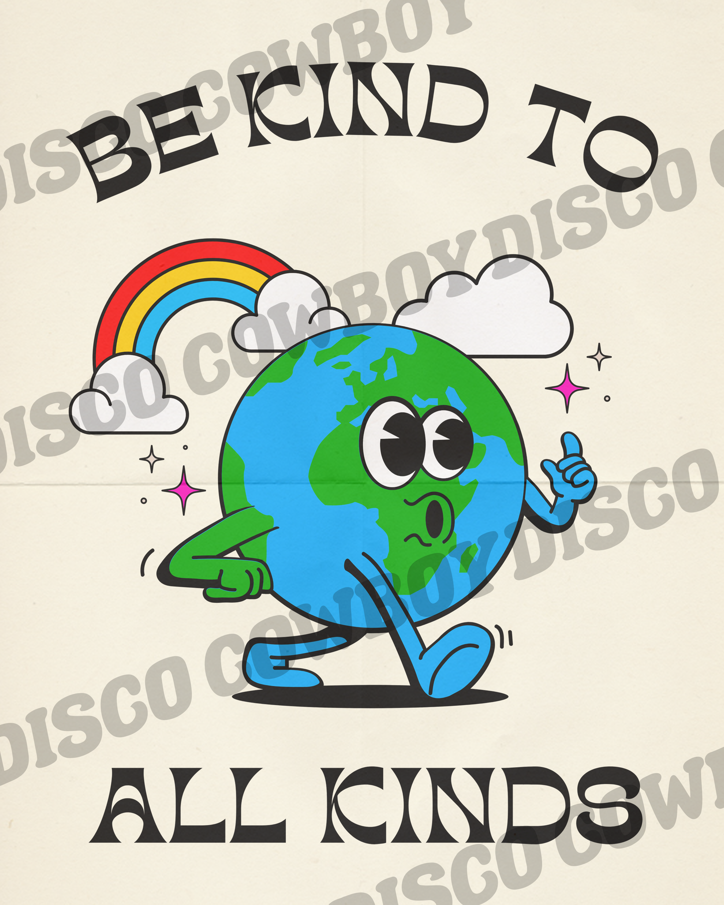 Be Kind to All Kinds Eath Print, Retro 70s Be Kind Quote