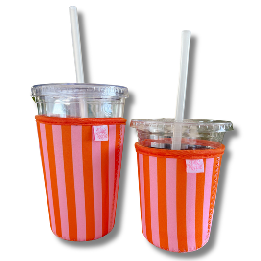 Coffee Cup Cover - Pink & Orange Stripes - Iced Drink Sleeve