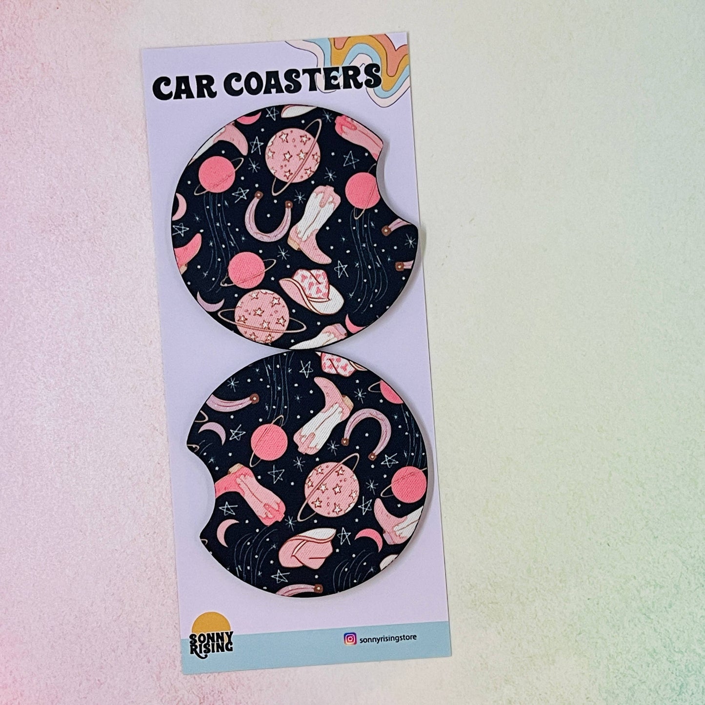 2 Car Coasters, Cosmic Cowgirl Design