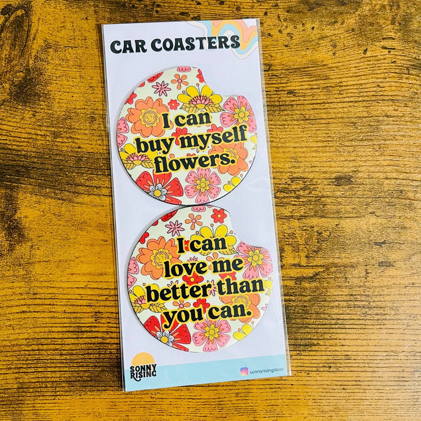 2 Car Coasters, I Can Buy Myself Flowers Design