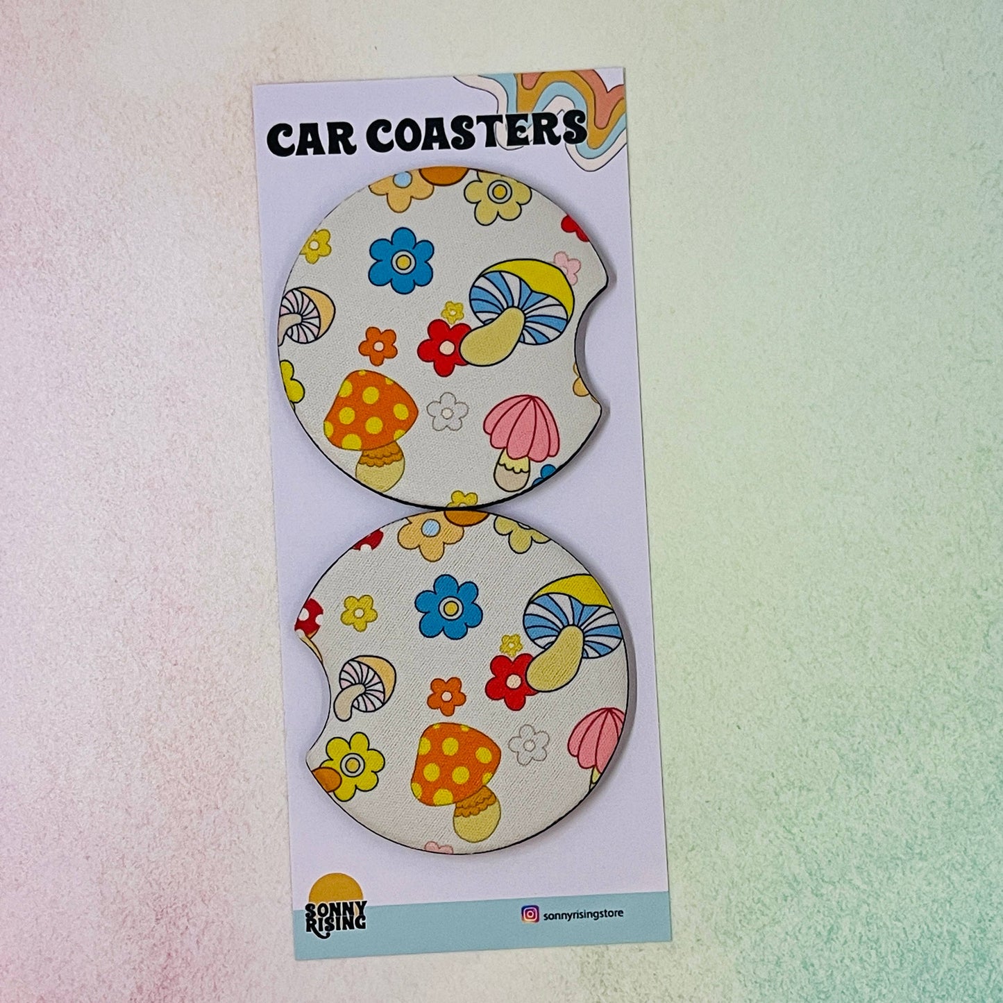 2 Car Coasters, 70's Creamy Shroom Design