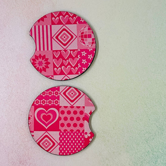 2 Car Coasters, Y2K Pink Patchwork Design